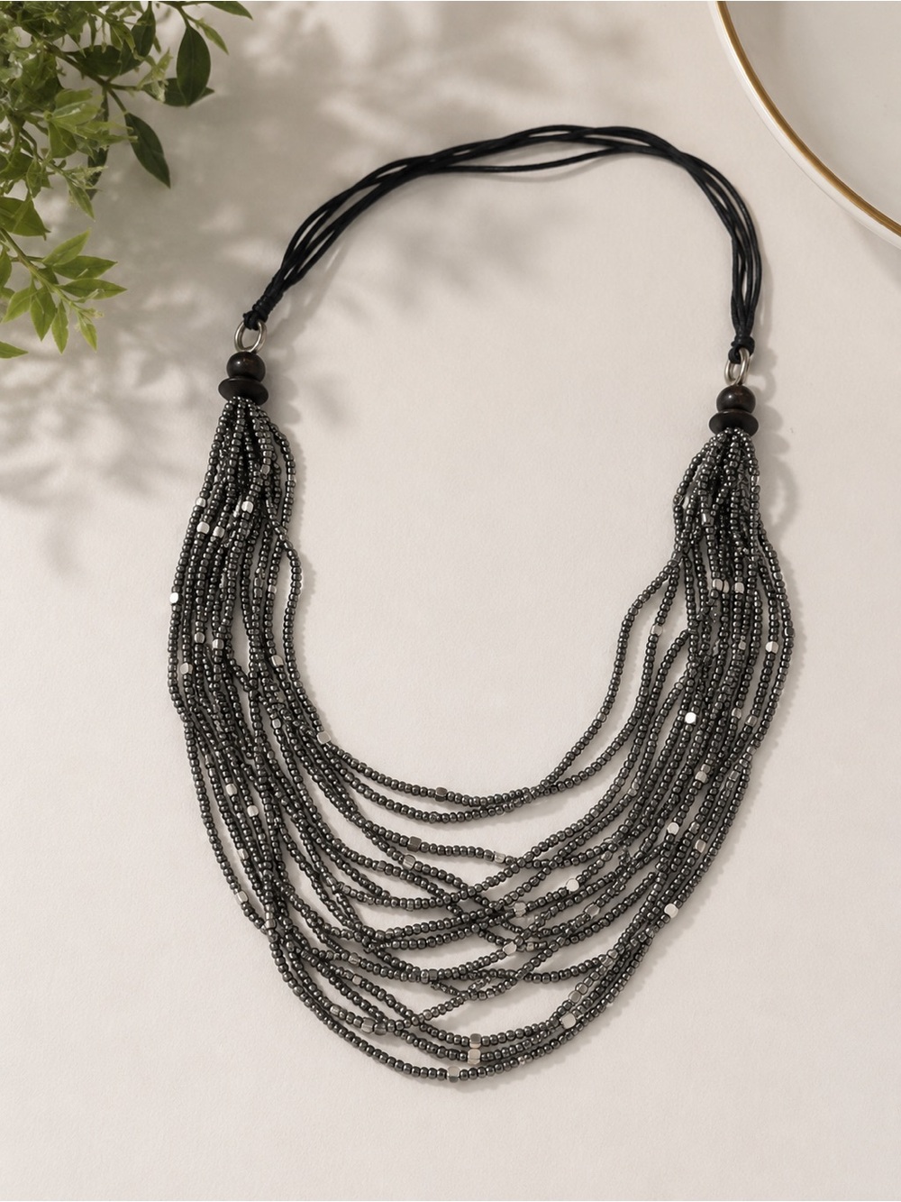 Boutique Multi-Strand Gunmetal Beaded Statement Necklace 17” NWT